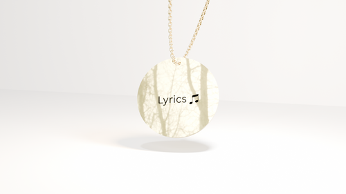 Gold necklace with a pendant labeled 'Lyrics' on a white background